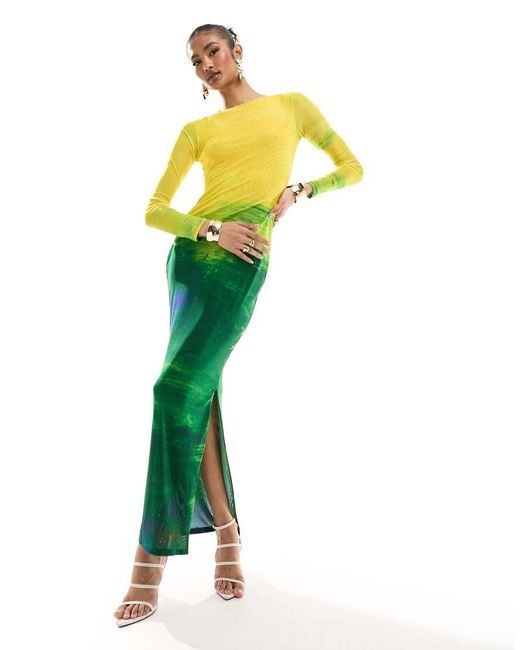 FARAI LONDON Green Aphrodite Mesh Long Sleeve Maxi Dress