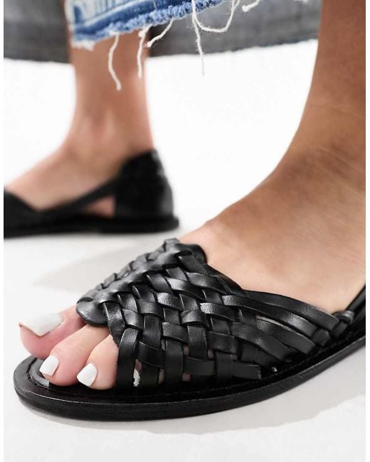 Asos Design Wide Fit Francis Leather Woven Flat Sandals in Black | Lyst UK
