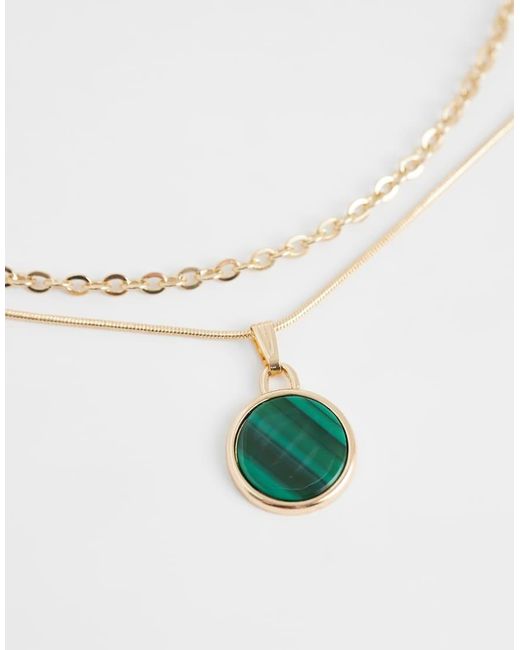 Reclaimed Vintage White Unisex Green Pendant 2 Row Necklace