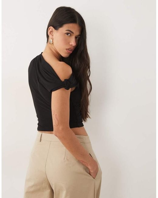 ASOS Black Slinky Knot Shoulder Top With Asymmetric Hem