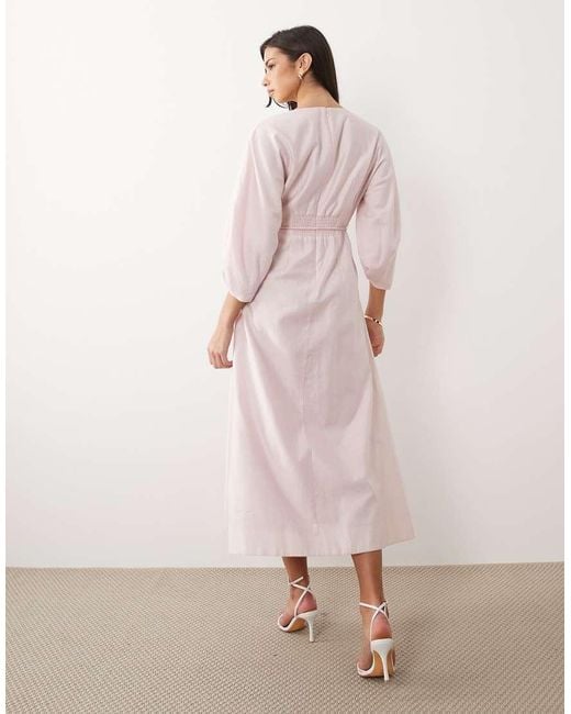 Forever New Pink Linen V Neck Tie Detail Midi Dress