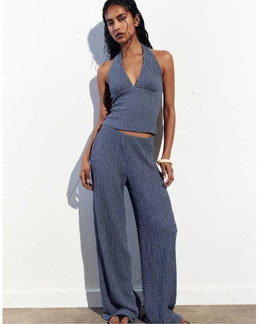 Pull&Bear Blue Crinkle Straight Leg Trousers