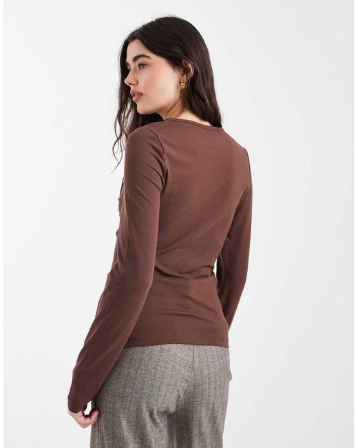 ASOS Brown Cotton Button Through Long Sleeve Top