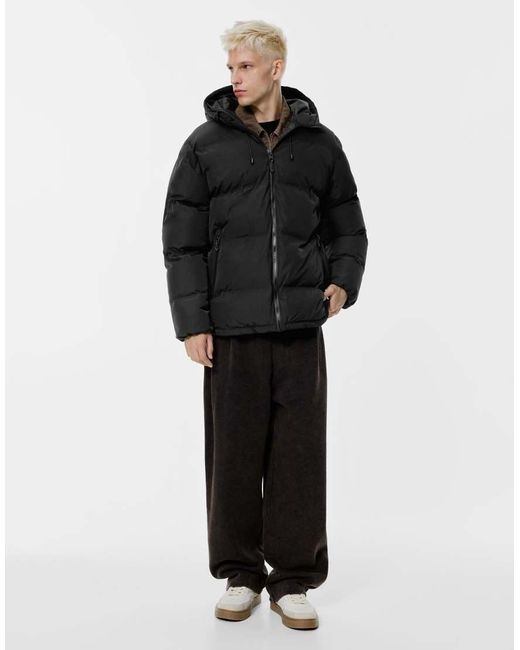 Pull&Bear Black Heat-sealed Quilted Jacket With Hood for men