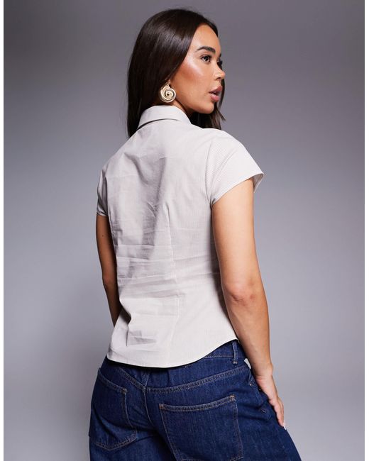 ASOS Gray Cinched Cap Sleeve Shirt With Tie Detail