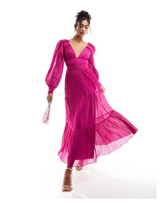 ASOS Pink Micro Pleat Plunge Neck Maxi Dress With With Cross Back