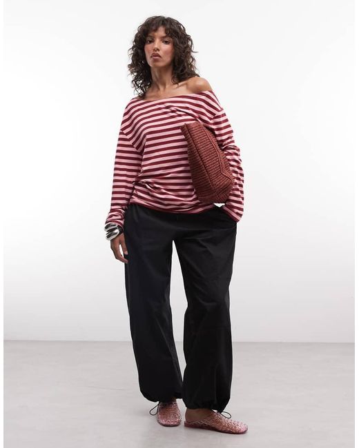Collusion Red Long Sleeve Off The Shoulder Stipe Top