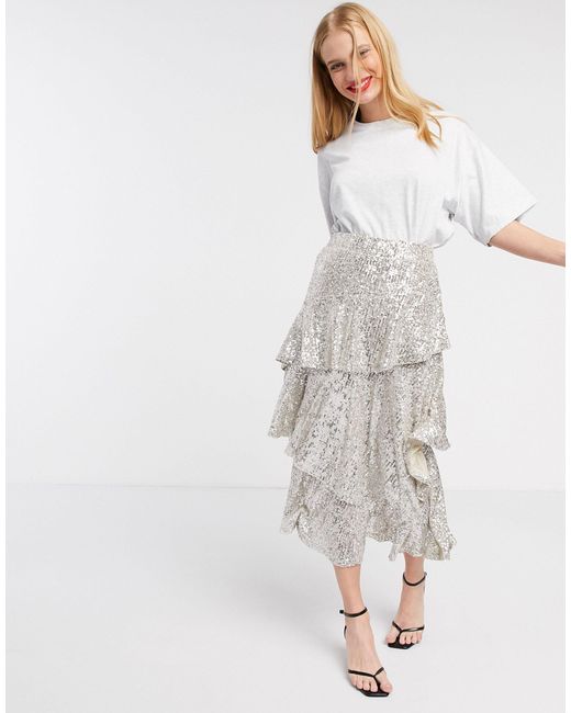 TOPSHOP Metallic Silver Sequin Tiered Midi Skirt