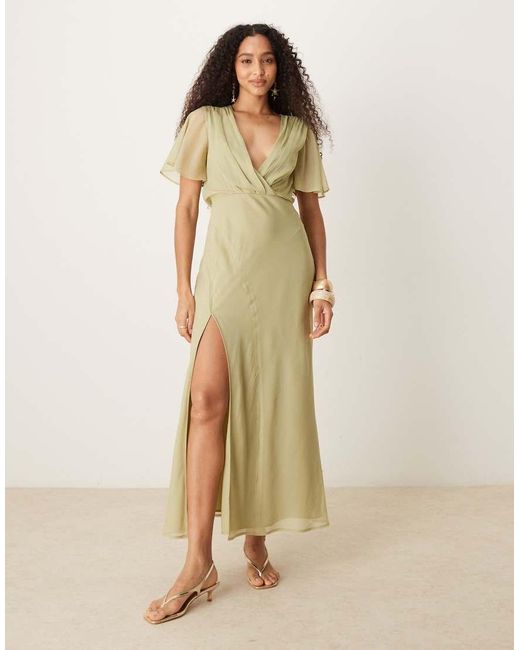 ASOS Natural Angel Sleeve Wrap Front Midi Dress With Seaming Details