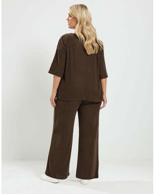 Yours Clothing Brown Ribbed Top & Wide Leg Trousers