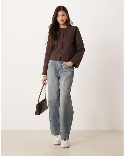 ASOS Brown Shoulder Pad Button Through Interlock Boxy Top