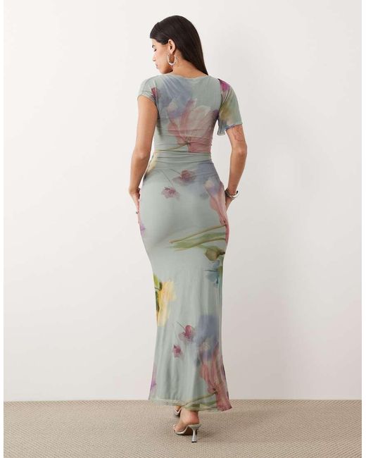 ASOS Blue Draped Mesh Asymmetric Sleeve Maxi Dress