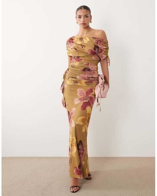 ASOS Brown Co-ord Printed Mesh Ruched Shoulder Cinched Waist Top