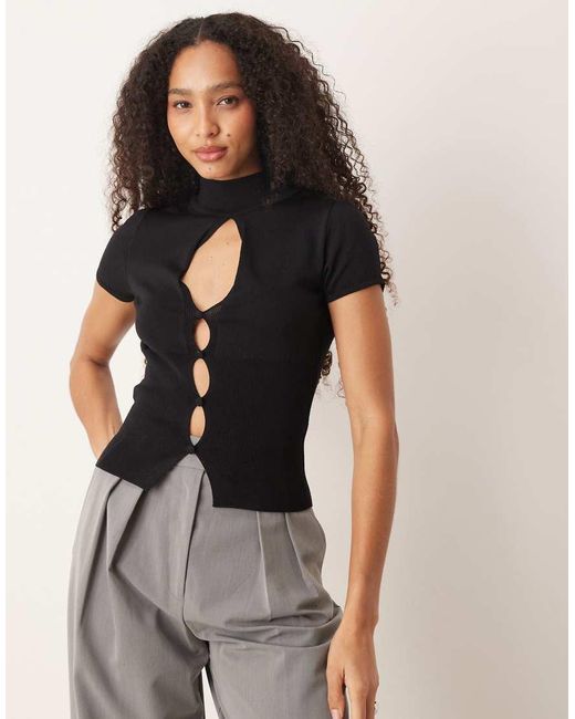 Mango Gray High Neck Knitted Short Sleeve Top With Cut Out Detail