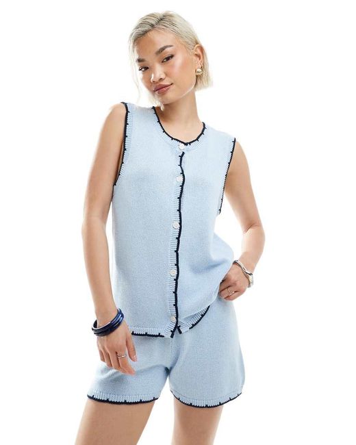 Vero Moda Blue Knitted Constrast Scallop Edge Stitch Waistcoat Co-ord