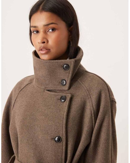 Gina Tricot Natural Wool Belted Midaxi Coat With Funnel Neck Detail