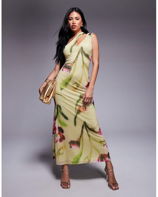 Robe mi-longue asymétrique en tulle à imprimé fleurs avec découpe ASOS en coloris Green