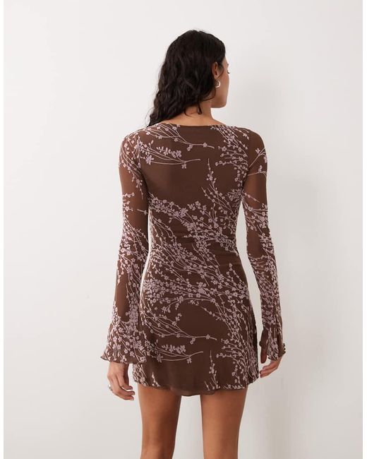Motel Brown Salira Long Sleeve Tie Waist Mini Dress