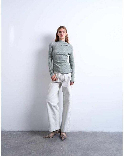 TOPSHOP Gray Rib High Neck Long Sleeve Top