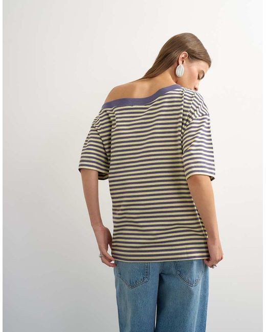 TOPSHOP Brown Stripe Off Shoulder T-shirt