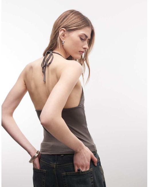 Weekday Brown Slim Strap V Neck Halter Top