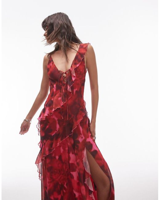 TOPSHOP Red Maxi Slip Dress With Frills