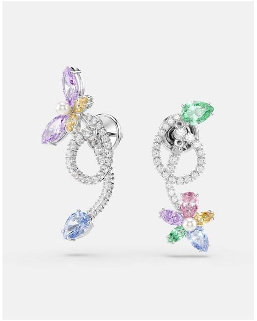 Swarovski Ariana Grande X Drop Earrings With Ear Jacket, Mixed Cuts, Dragonfly, Flower, Multicolored, Rhodium Plated