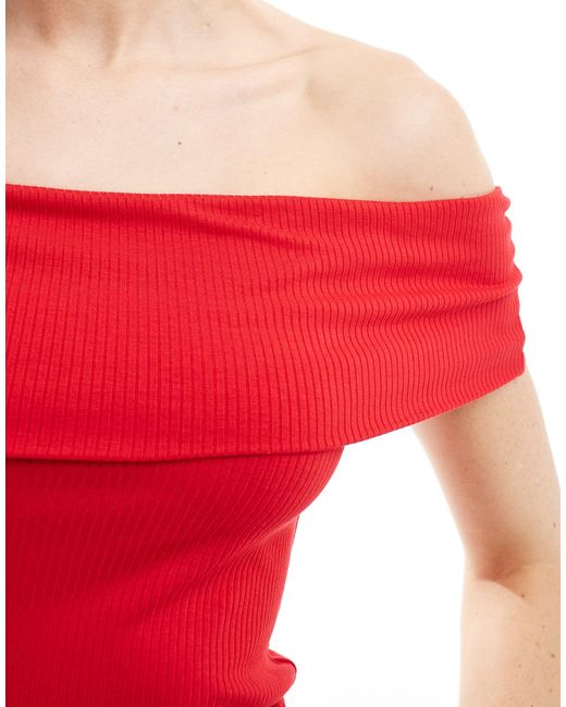 Stradivarius Red Fold Over Seamless Bardot Top