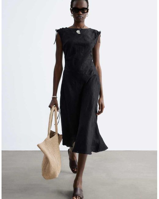& Other Stories Black Pure Linen Asymmetric Midi Dress