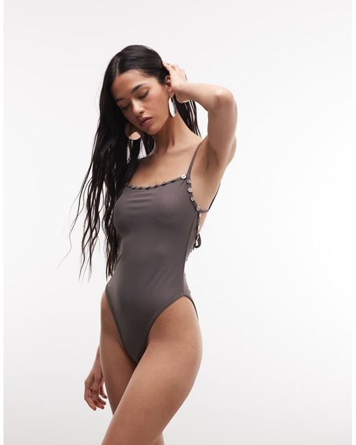 Collusion Black Button Trim Straight Neck Swimsuit