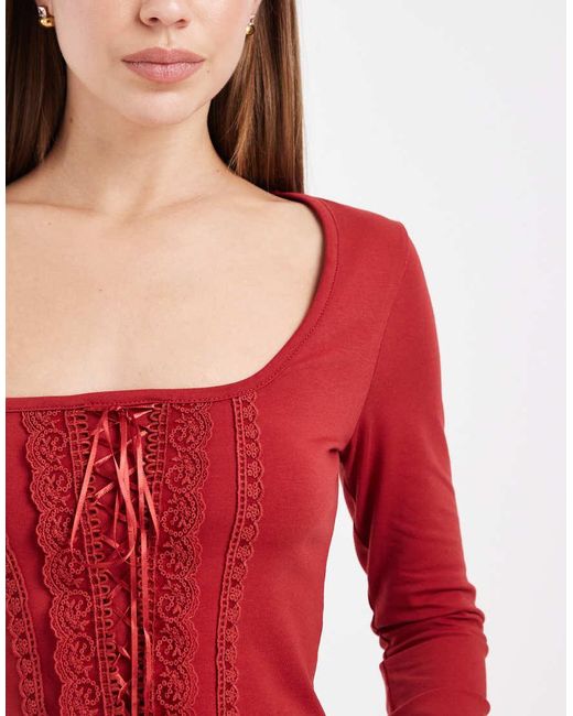 Miss Selfridge Red Scoop Front Corset Top With Lace Trims