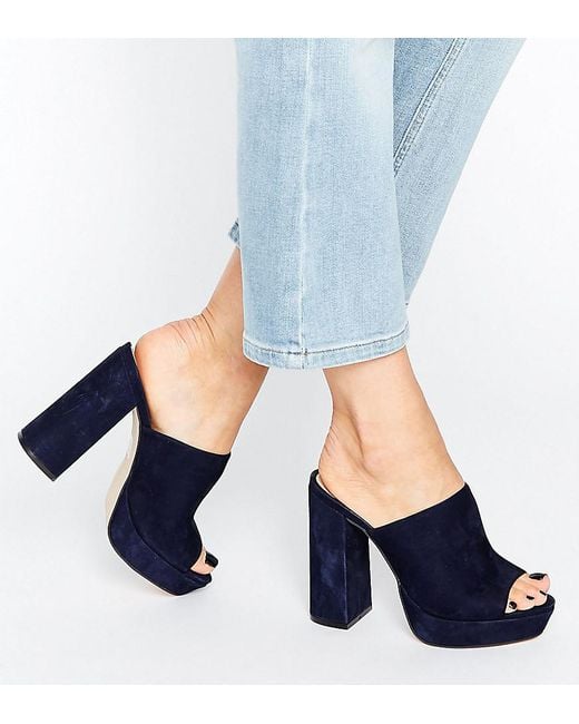Office Blue Syrup Navy Suede Platform Heeled Mules