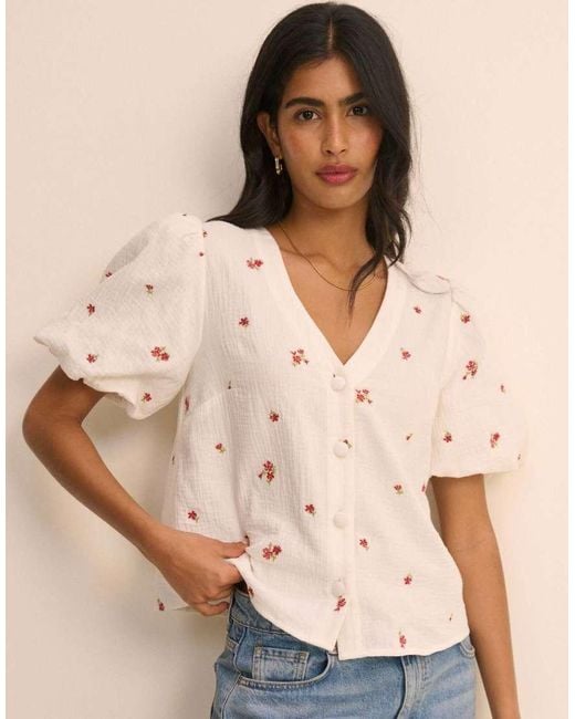 Nobody's Child Natural And Floral Puff Sleeve Top