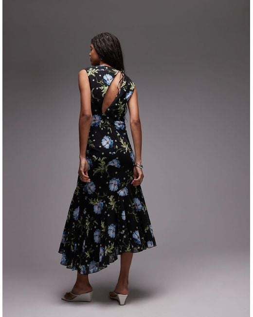 TOPSHOP Black Godet Hem Boutique Occasion Midi Dress