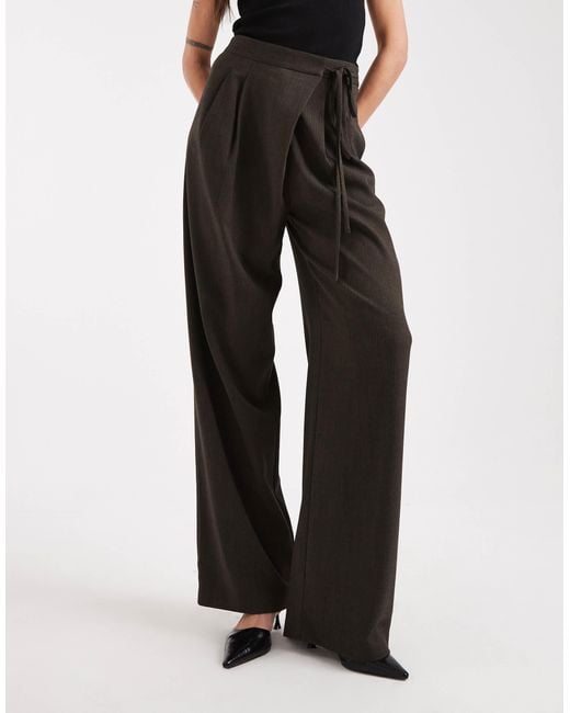 ASOS Brown Asos Design Tall Tailored Wide Leg Pants With Wrap Tie Detail