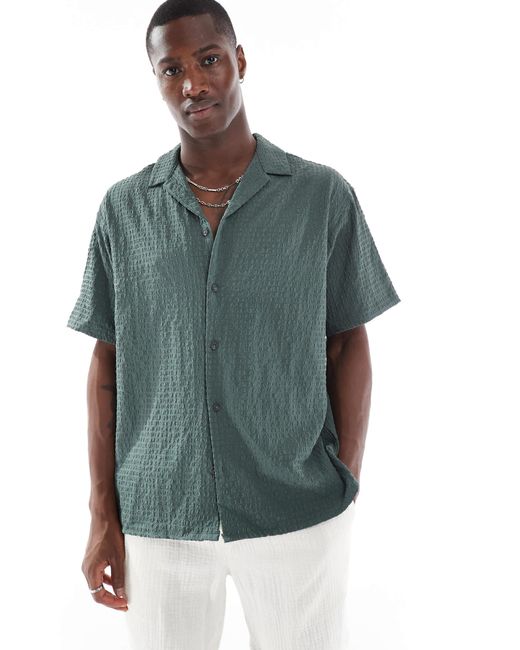 Jack & Jones Green Revere Collar Seersucker Short Sleeve Shirt for men