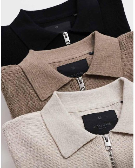Jack & Jones Gray Premium Long Sleeve Knitted Polo With Quarter Zip for men
