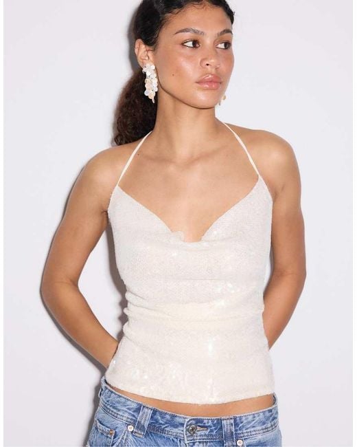 Stradivarius Blue Sequin Halter Top