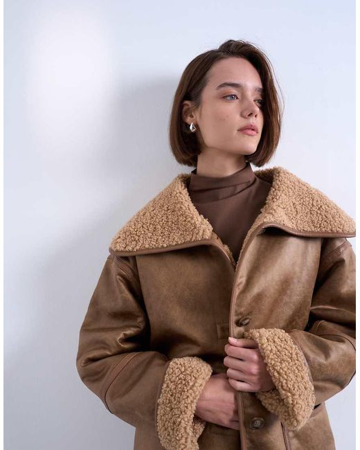 TOPSHOP Brown Faux-shearling Oversized Patch Pocket Mid Length Car Coat