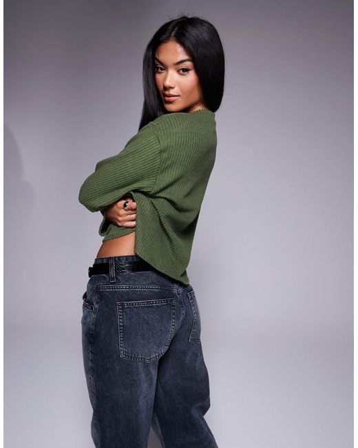 ASOS Green Side Split Contrast Button Brushed Rib Top