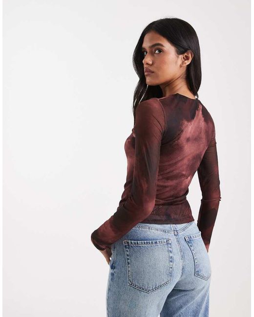 New Look Red Mesh Floral Cut Out Long Sleeve Top