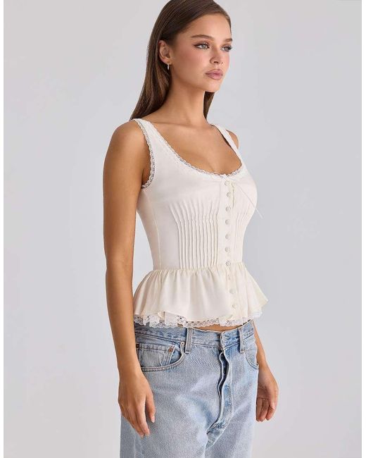 House Of Cb Blue Effie Sateen + Lace Trim Contour Top