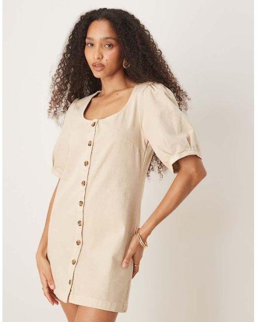 ASOS Natural Denim Button Through Mini Dress With Puff Sleeves