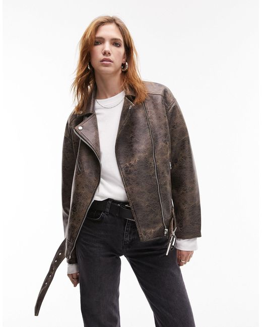 TOPSHOP Gray Faux Leather Washed Look Oversized Biker Jacket