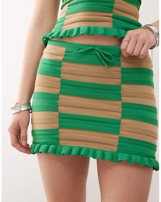 Collusion Green Knitted Checkerboard Mini Skirt Top