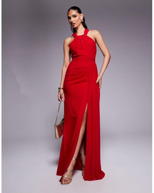 Goddiva Red Halterneck Thigh Split Chiffon Maxi Dress