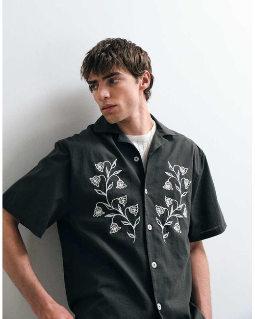 ASOS COLLECTIVE Black Relaxed Cotton Embroidered Shirt With Linen for men