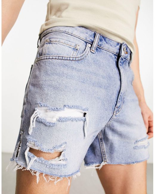 ASOS Shorter Length Denim Shorts With Rips in Blue for Men Lyst