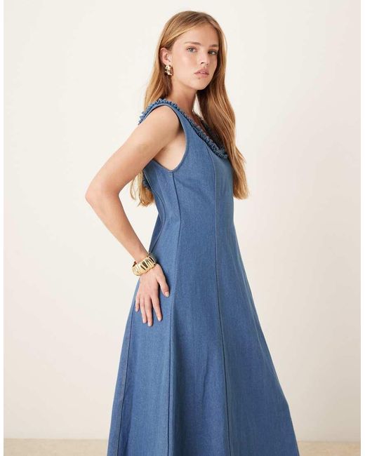Ghospell Blue Denim Ruffle Midaxi Dress