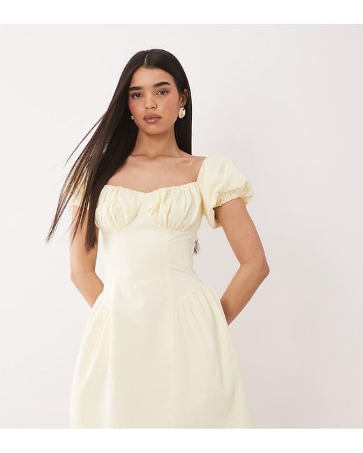 Kaiia Pink Exclusive Cotton Milkmaid Puff Sleeve Hip Pleat Detail Mini Dress